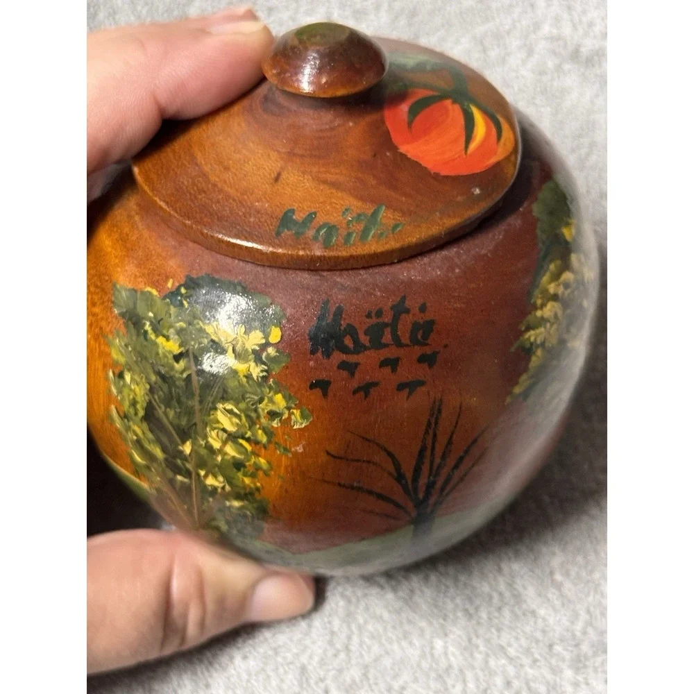 Hand Crafted & Painted Wooden Trinket Box, Spice Jar w/ Lid Folk‎ Art from HAITI